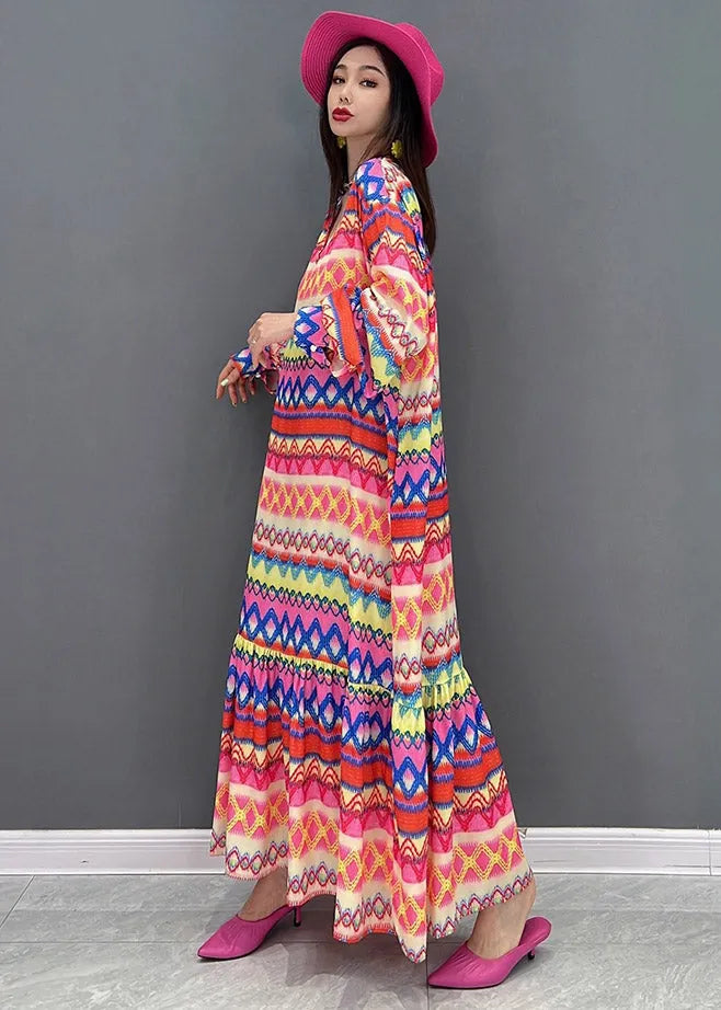 V Neck Print Silk Maxi Dress Long Sleeve