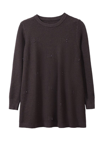 Natural Coffee O-neck Nail Bead Cotton Knit Sweaters Winter