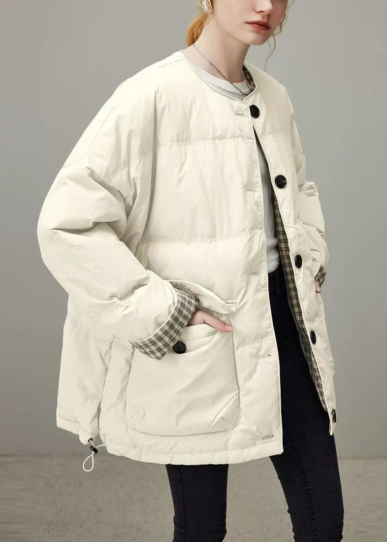 Apricot Plaid Drawstring Pockets Duck Down Down Coat