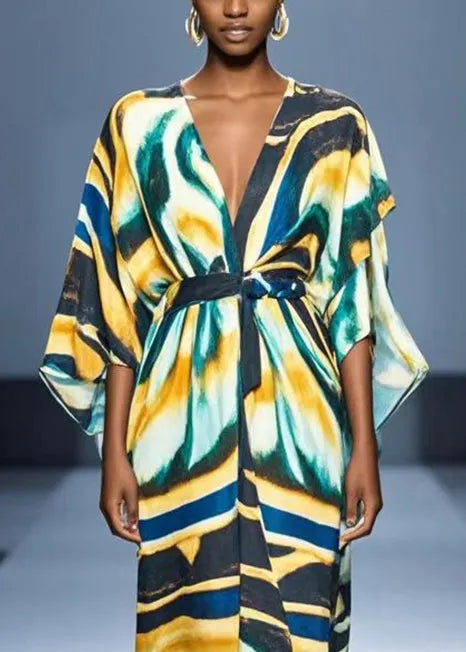 V Neck Graffiti Print Chiffon Dress Batwing Sleeve