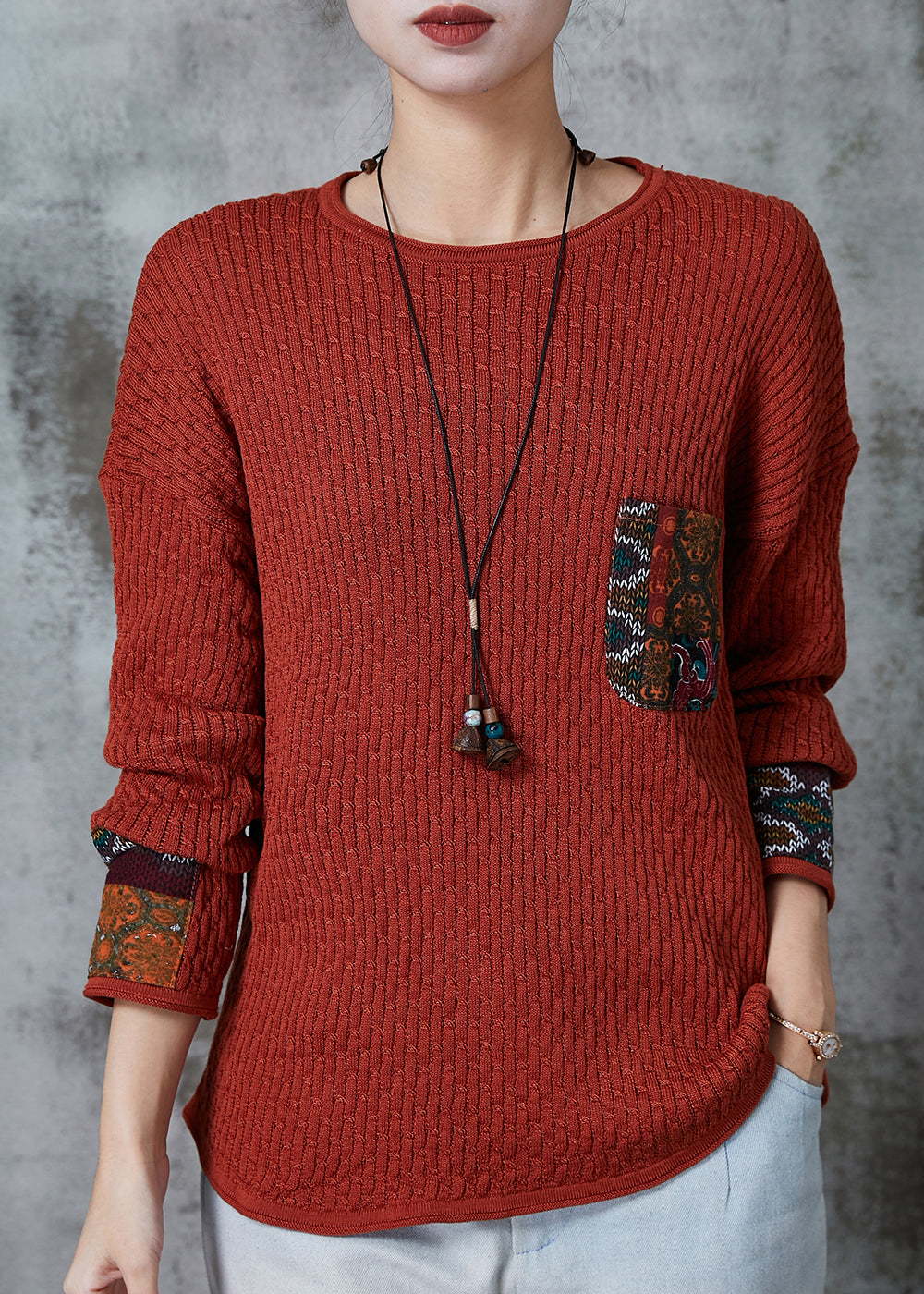 Brick Red Applique Patchwork Knit Sweater Spring