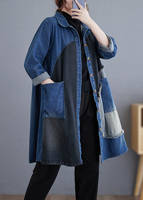 Blue Button Pockets Patchwork Denim Trench Coat Fall