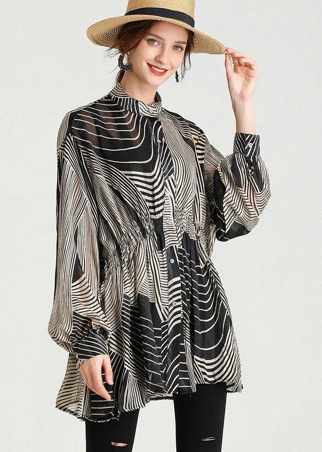 Black Stand Collar Striped Chiffon Cinch Blouse Tops Long Sleeve