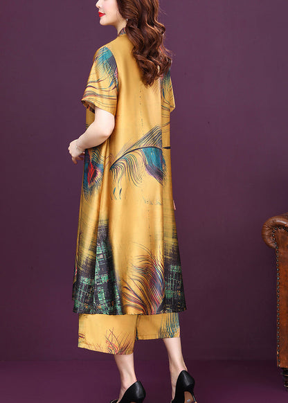 Yellow Button Print Silk Shirt Top and Pants Sets Two Pieces High Waist Summer