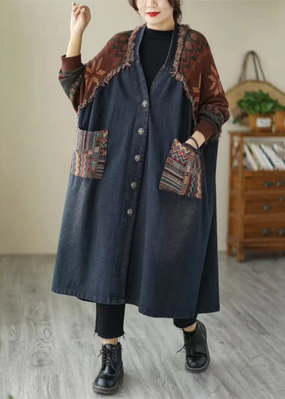 Blue Pockets Patchwork Denim Long Coats V Neck Fall