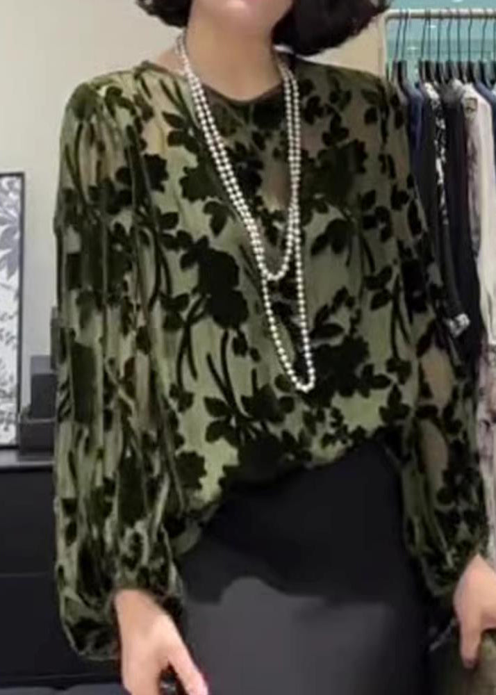 Green O Neck Jacquard Silk Velour Top Fall