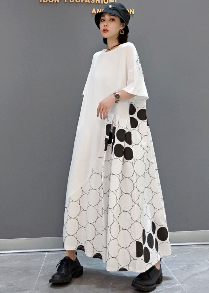 Loose White O-neck Asymmetrical Patchwork Wrinkled Dot Cotton Vacation Dresses Short Sleeve