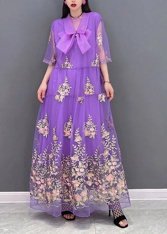 Diy Purple Peter Pan Collar Embroideried Lace Patchwork Tulle Holiday Dress Three Quarter Sleeve