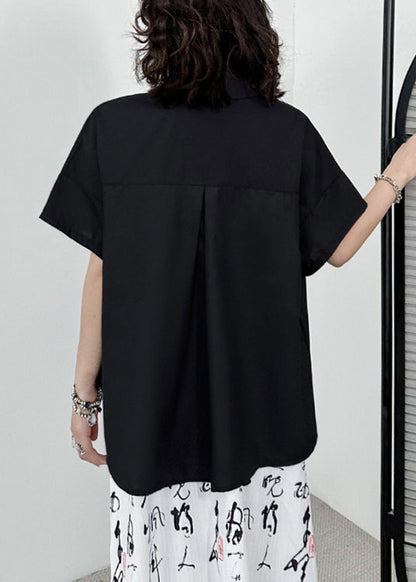 Black Zippered Asymmetrical Patchwork Cotton Blouses Short Sleeve
