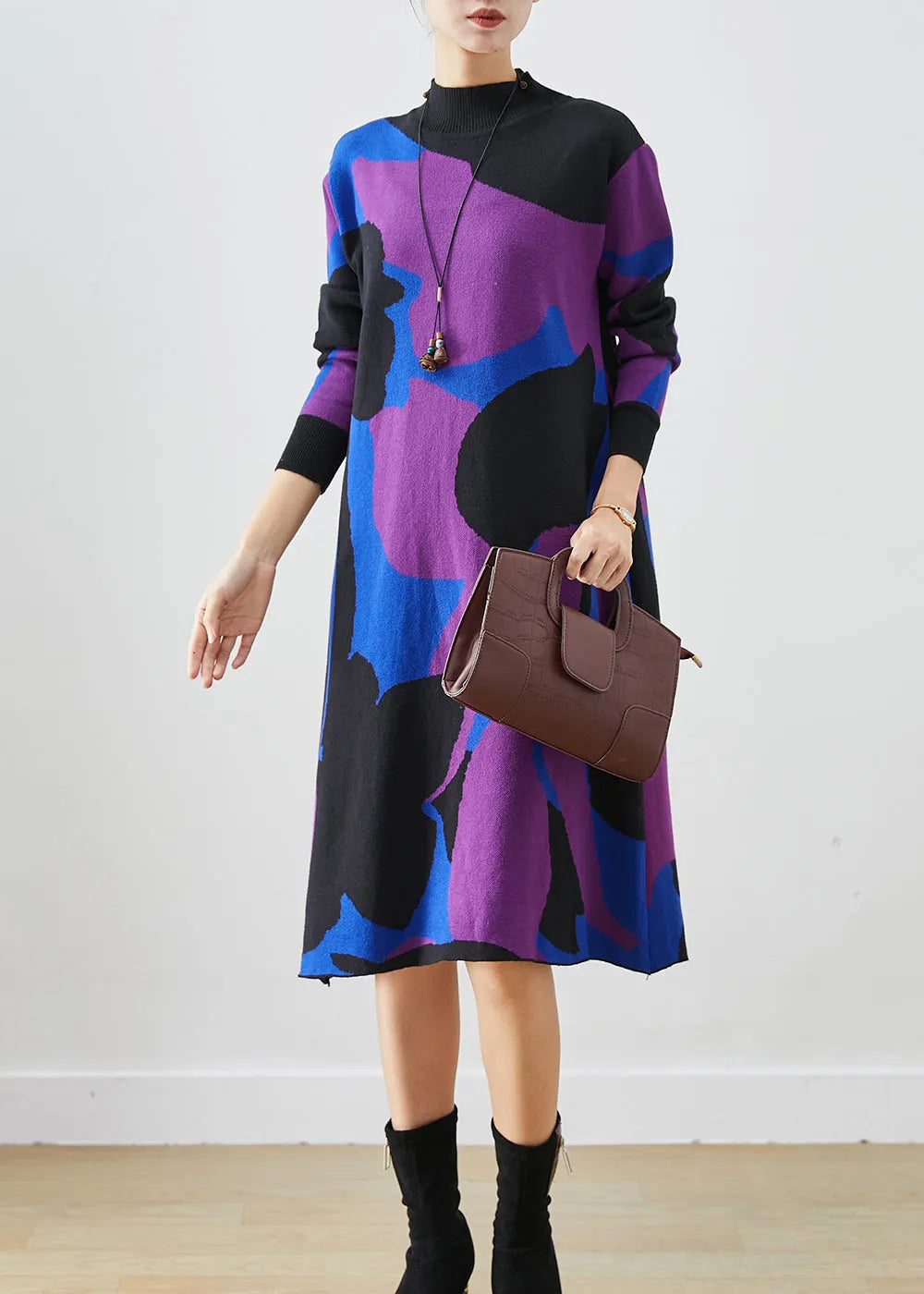 French Colorblock Turtle Neck Print Knit a Line Dresses Fall