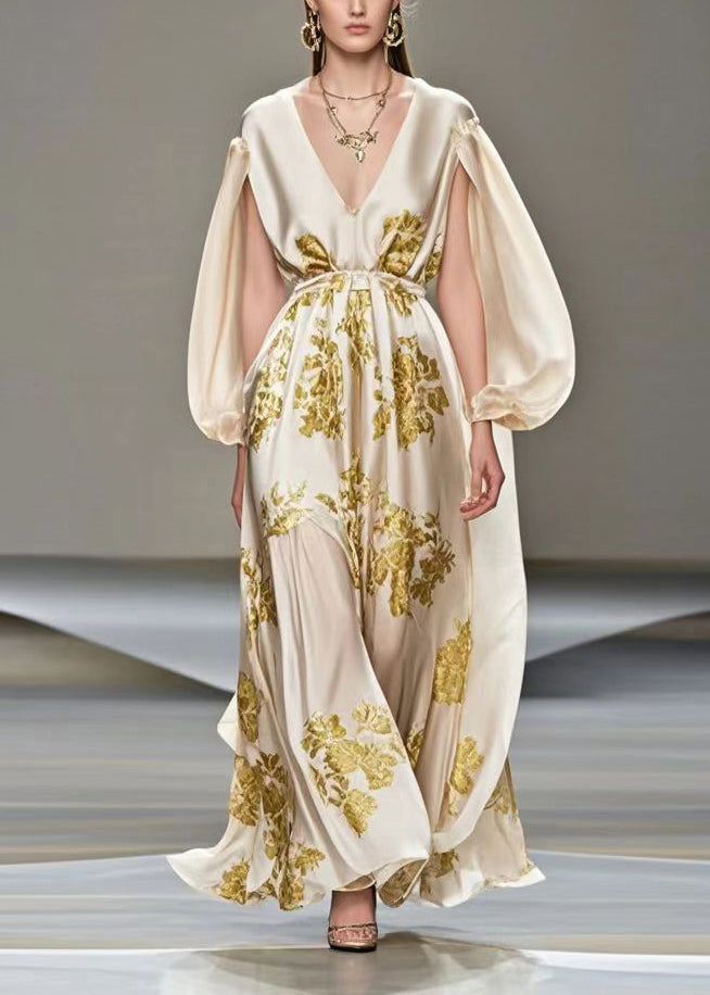 Style Champagne V Neck Print Silk Maxi Dress Cloak Sleeves Summer