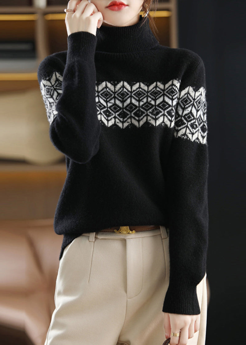 Black Turtleneck Cotton Knit Top Long Sleeve