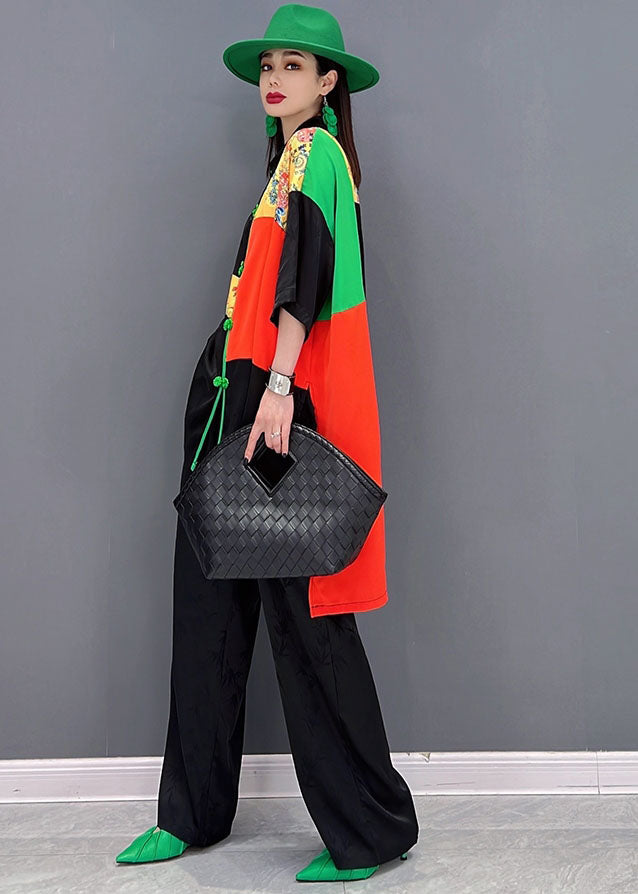 Black Patchwork Low High Design Jacquard Silk Two Pieces Set Summer