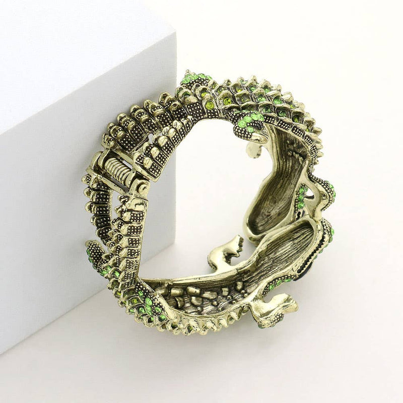 Double Crocodile/alligator Evening Hinged Cuff Bracelet: Green