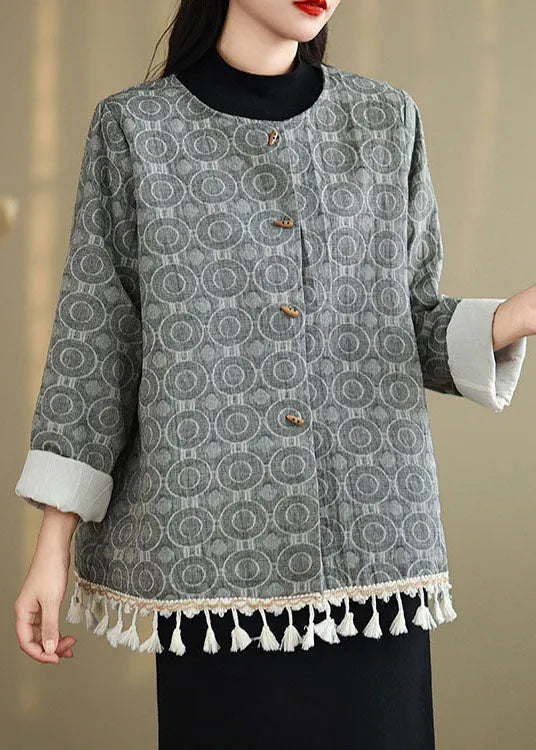 Chinese Style O-neck Tassel Jacquard Cotton Coat Spring
