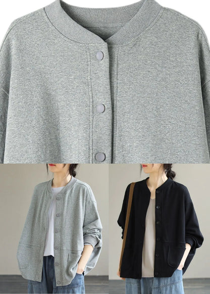 Brief Grey O-neck Button Cotton Coat Long Sleeve