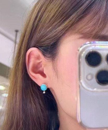 Simple Blue 18k Gold Inlaid Turquoise Jade Stud Earrings