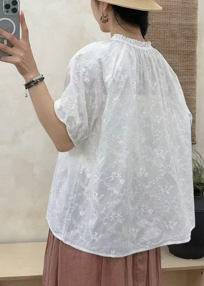 White Ruffled Embroidered Cotton Shirt Tops Summer