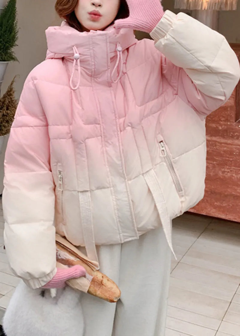 Pink Gradient Color Hooded Zippered Duck Down Coats Winter