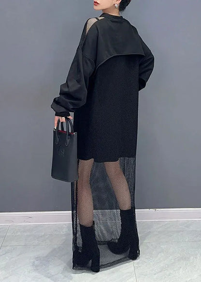 Style Black O-neck Print Tulle Patchwork Fake Two Pieces Long Dresses Fall