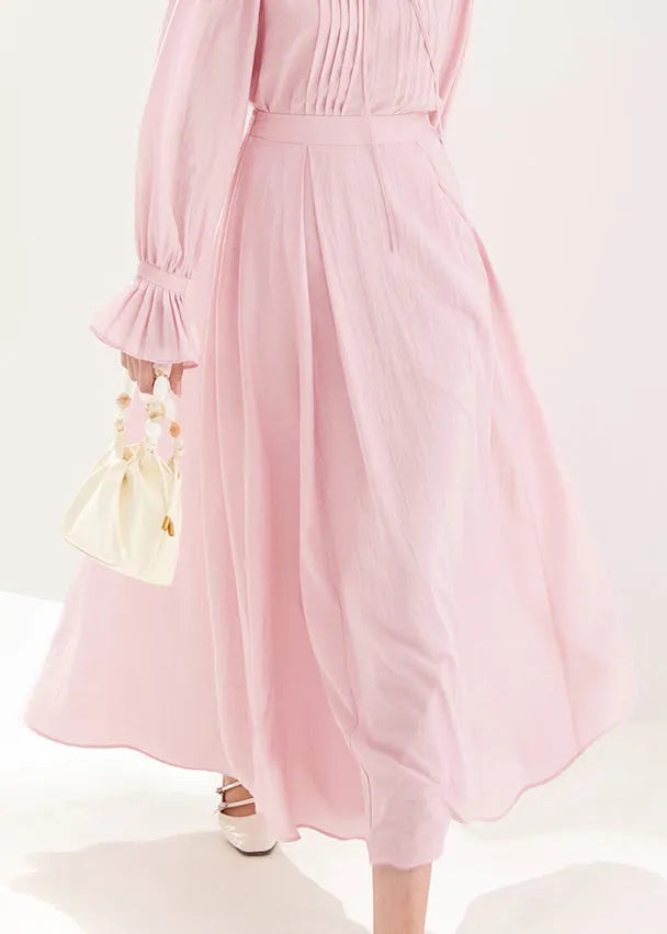 French Pink Zippered High Waist Cotton a Line Skirts Fall