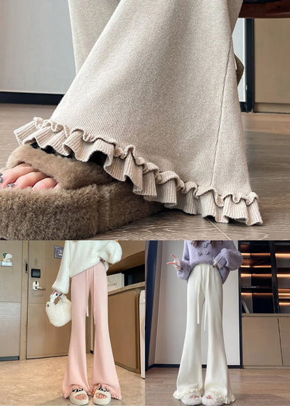 New Pink Elastic Waist Knit Flared Trousers