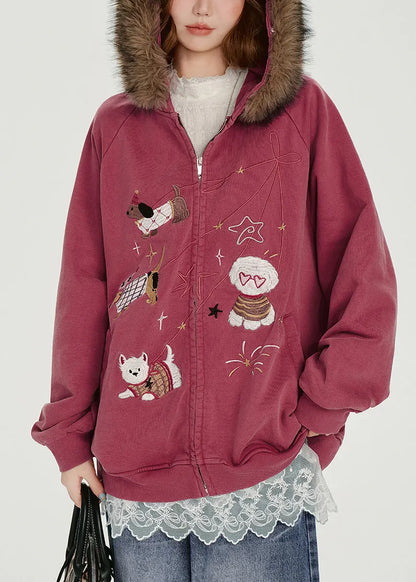 Rose Embroidered Cotton Hooded Coat Spring