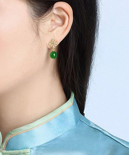 Tea Green Sterling Silver Overgild Zircon Jade Drop Earrings