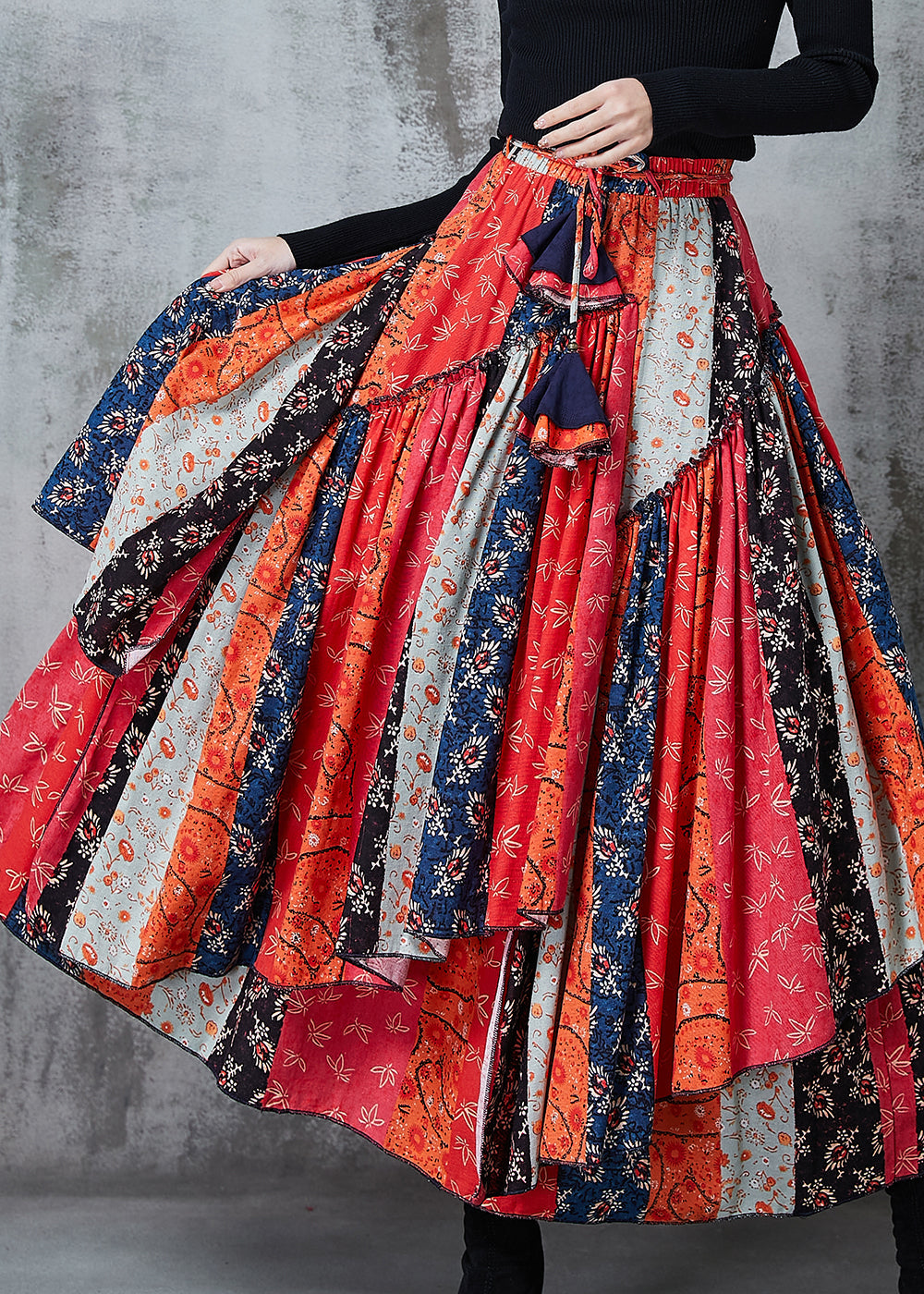 Red Asymmetrical Patchwork Cotton Skirt Spring