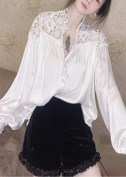 White Oversized Patchwork Lace Blouse Tops Summer