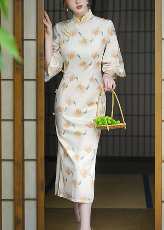 Stand Collar Print Button Side Open Velour Maxi Dress Long Sleeve