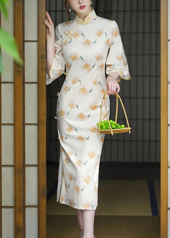 Stand Collar Print Button Side Open Velour Maxi Dress Long Sleeve