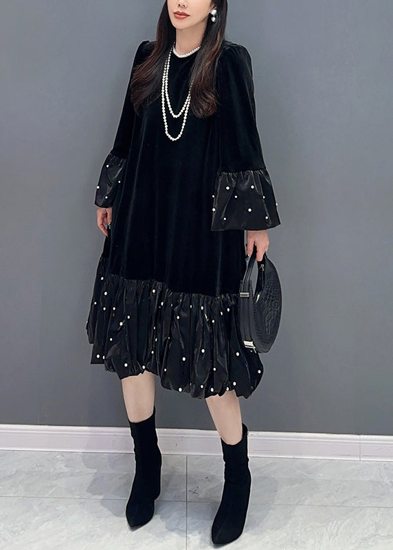 Black Zircon Patchwork Silk Velour Dress O Neck Long Sleeve