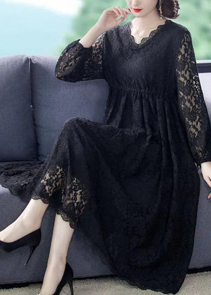 Black V Neck Hollow Out Exra Large Hem Lace Maxi Dresses Spring