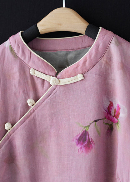 Pink Stand Collar Print Side Open Warm Fleece Dress Spring