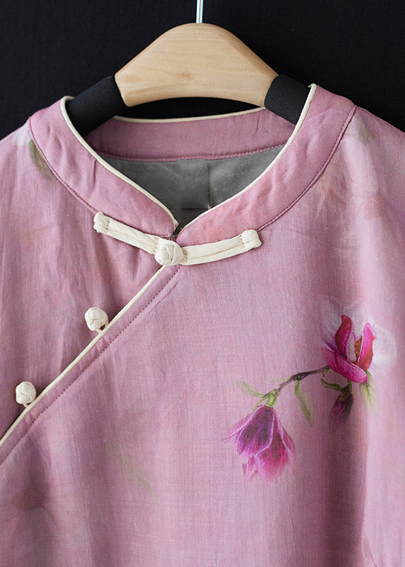 Pink Stand Collar Print Side Open Warm Fleece Dress Spring