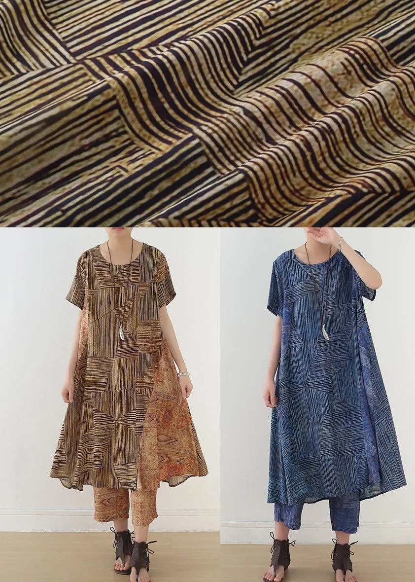 Yellow Print Patchwork Summer Linen Two Pieces Set