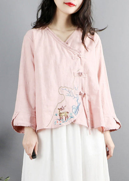 Red Embroidered Button Cotton Shirt Long Sleeve
