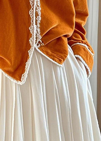 French Orange O-neck Silk Velour Shirts Lace Patchwork Fall