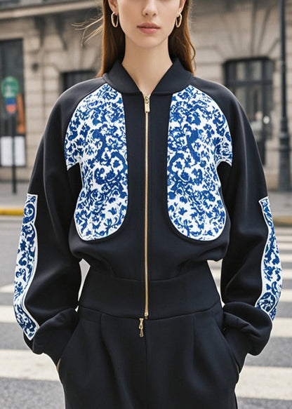 Stylish Black Stand Collar Print Cotton Sweatshirt Jacket Spring