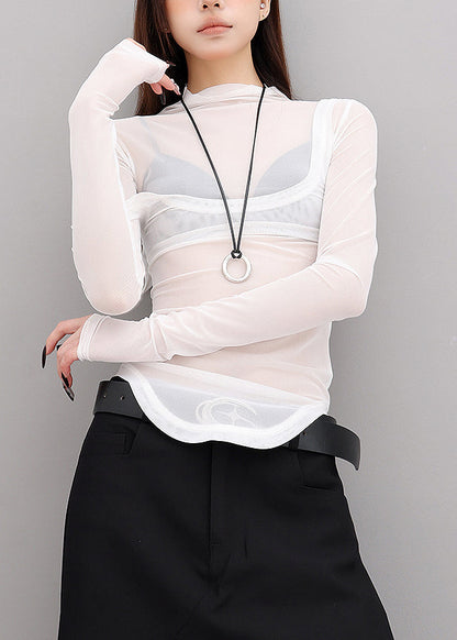 White Hign Neck Patchwork Tulle Two Pieces Set Fall