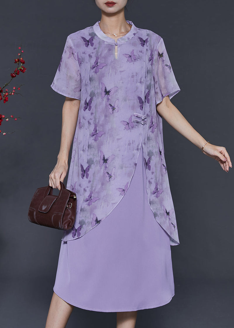 Purple Butterfly Chinese Button Chiffon Fake Two Piece Dresses Summer