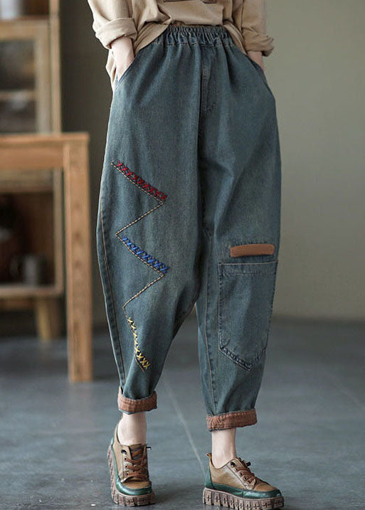 Blue Elastic Waist Asymmetrical Design Embroideried Cotton Jeans Spring