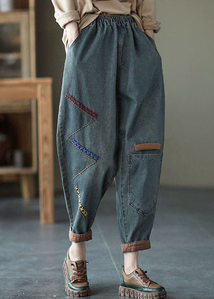Blue Elastic Waist Asymmetrical Design Embroideried Cotton Jeans Spring