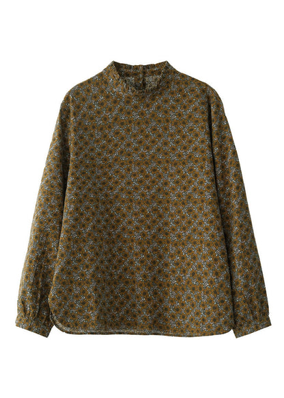 Italian Chocolate Stand Collar Button Ruffled Cotton Blouses Top Long Sleeve