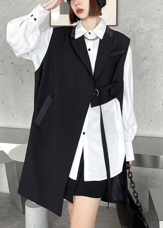 Diy Black Peterpan Collar Pockets Asymmetrical Design Fall Sleeveless Waistcoat