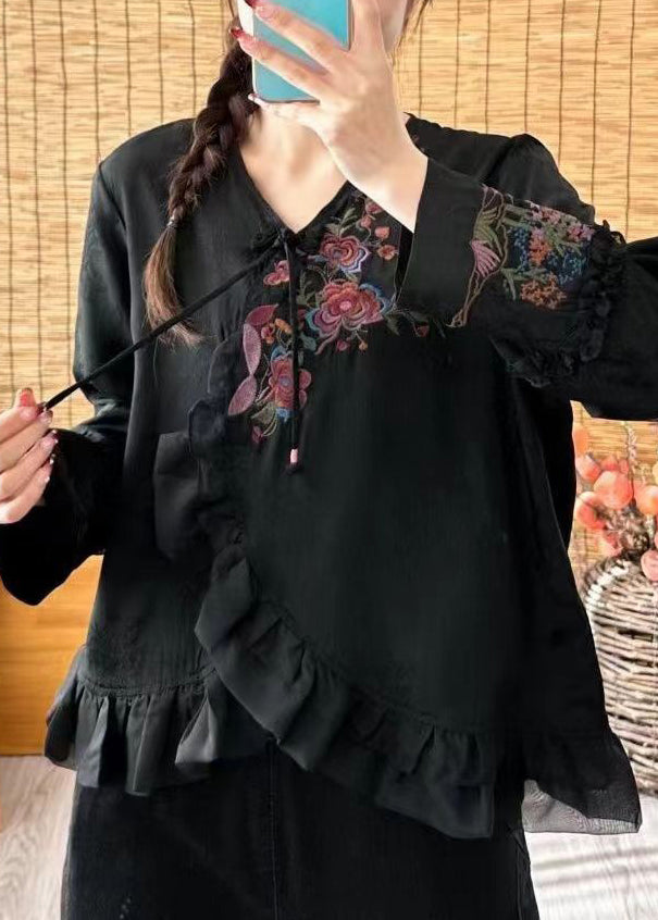 Loose Black V Neck Ruffled Embroideried Button Shirt Long Sleeve