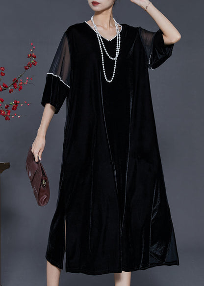 Black Oversized Patchwork Nail Bead Silk Velour Dress Spring
