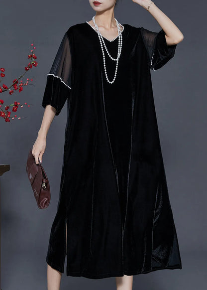 Black Oversized Patchwork Nail Bead Silk Velour Dress Spring