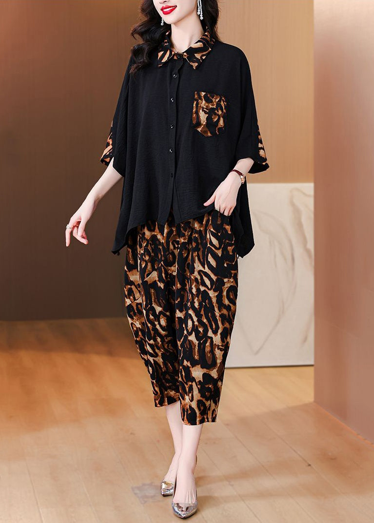 Leopard Button Pockets Chiffon Sets 2 Pieces Half Sleeve